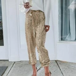 Women's Chinos Pants Trousers Silver Light Blue Champagne Gold Mid Waist Fashion Sparkle Sparkle & Shine Party Casual Weekend Sequins Micro-elastic Full Length Comfort Solid Color S M L XL XXL -LIGHTINTHEBOX Shop youjpy1679365798418