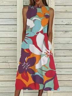 Women‘s A Line Dress Midi Dress Sleeveless Floral Pocket Cold Shoulder Print Spring Summer Round Neck Casual Vintage Going Out 2023 S M L XL XXL Cotton -LIGHTINTHEBOX Shop yplxzh1617761867034