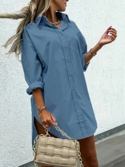 Women‘s Casual Dress Shirt Dress Shift Dress Midi Dress Blue Khaki White Long Sleeve Pure Color Button Winter Fall Spring Shirt Collar Basic Winter Dress Office 2023 S M L XL XXL -LIGHTINTHEBOX Shop yprizu1679055350494