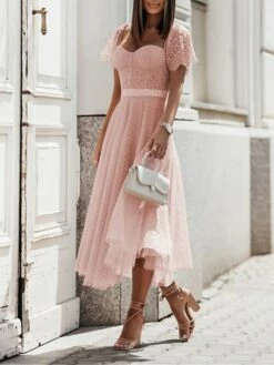 Women's Party Dress Corset Dress Lace Dress Midi Dress Black Pink Fuchsia Short Sleeve Polka Dot Lace Summer Spring Square Neck Fashion Birthday Wedding Guest Vacation Slim S M L XL -LIGHTINTHEBOX Shop ypwndt1685081642433