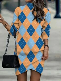Women's Casual Dress Sweatshirt Dress Winter Dress Geometric Plaid Ruched Print Turtleneck Mini Dress Fashion Streetwear Outdoor Daily Long Sleeve Loose Fit Pink Burgundy Purple Fall Winter S M L XL -LIGHTINTHEBOX Shop ypxxtg1694597559949