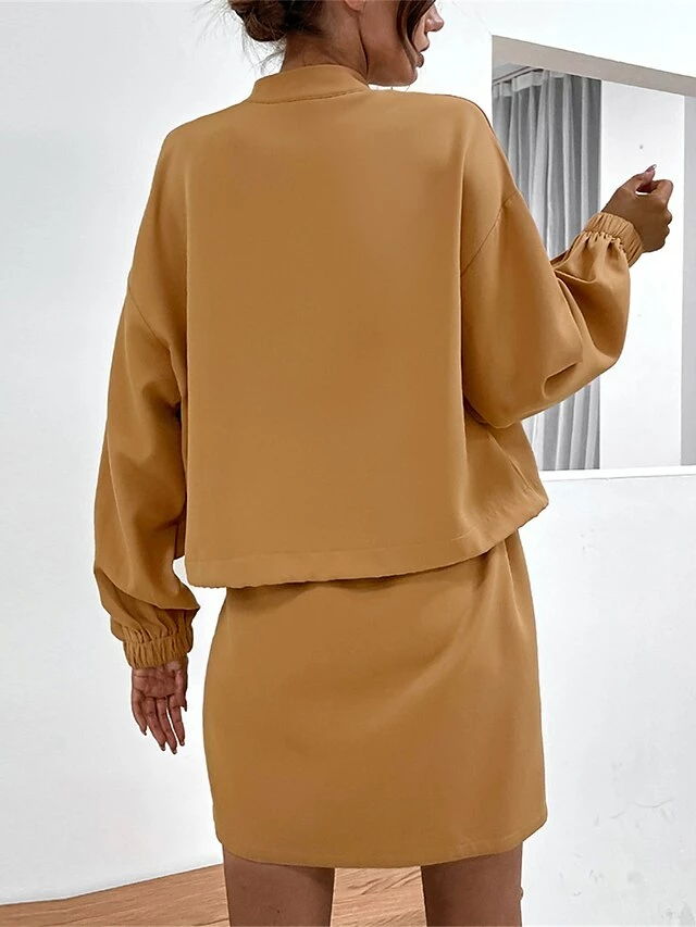 Women's Two Piece Dress Set Casual Dress Skirt Set Outdoor Daily Streetwear Modern Pocket Mini Dress Stand Collar Long Sleeve Plain Loose Fit Khaki Fall Winter S M L XL 5 Women's Two Piece Dress Set Casual Dress Skirt Set Outdoor Daily Streetwear Modern Pocket Mini Dress Stand Collar Long Sleeve Plain Loose Fit Khaki Fall Winter S M L XL - Image 3