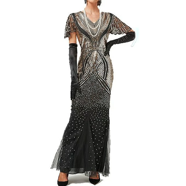 Women's Retro 1920s Sequin Dress Long Dress Maxi Dress Party Halloween Sequins Mesh Geometric V Neck Sleeveless Regular Fit Spring Fall 2023 Black Red XS S M L 7 Women's Retro 1920s Sequin Dress Long Dress Maxi Dress Party Halloween Sequins Mesh Geometric V Neck Sleeveless Regular Fit Spring Fall 2023 Black Red XS S M L - Image 5