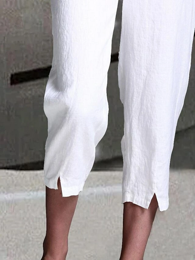 Women's Linen Pants Baggy Cropped Pants Calf-Length Linen / Cotton Blend Split Baggy Fashion Casual Weekend White S M 5 Women's Linen Pants Baggy Cropped Pants Calf-Length Linen / Cotton Blend Split Baggy Fashion Casual Weekend White S M - Image 3