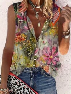 Women's Tank Top Black Brown Rainbow Floral Button Print Sleeveless Casual Holiday Basic Round Neck Regular Fit Floral