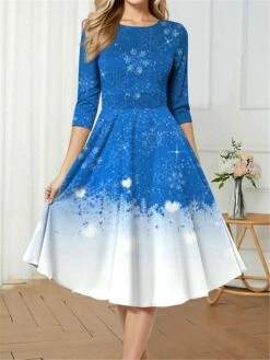 Women's Retro 1950s Vintage Dress Midi Dress Christmas Daily Print Snowflake Crew Neck 3/4 Length Sleeve Slim Spring Fall 2023 Wine Blue S M L XL -LIGHTINTHEBOX Shop yshqkx1697681445517
