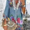 Women's Casual Dress Print Dress Spring Dress Floral Tassel Fringe Print V Neck Mini Dress Fashion Streetwear Outdoor Street 3/4 Length Sleeve Loose Fit Sky Blue Spring Fall S M L XL XXL