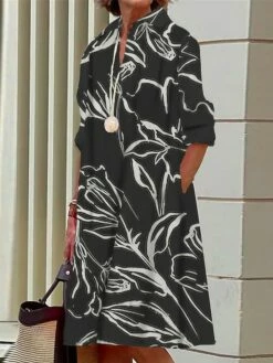 Women's Shirt Dress Casual Dress Midi Dress Outdoor Office Daily Polyester Fashion Modern Shirt Collar Button Pocket Long Sleeve Fall Winter 2023 Loose Fit Black Blue Brown Floral S M L XL 2XL