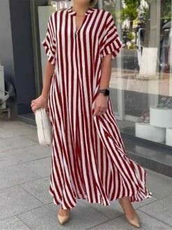 Women's Long Dress Maxi Dress Casual Dress Summer Dress Print Dress Graphic Leaf Striped Fashion Streetwear Outdoor Daily Vacation Split Print Short Sleeve V Neck Dress Loose Fit Black White Red -LIGHTINTHEBOX Shop yusqrp1681107704802