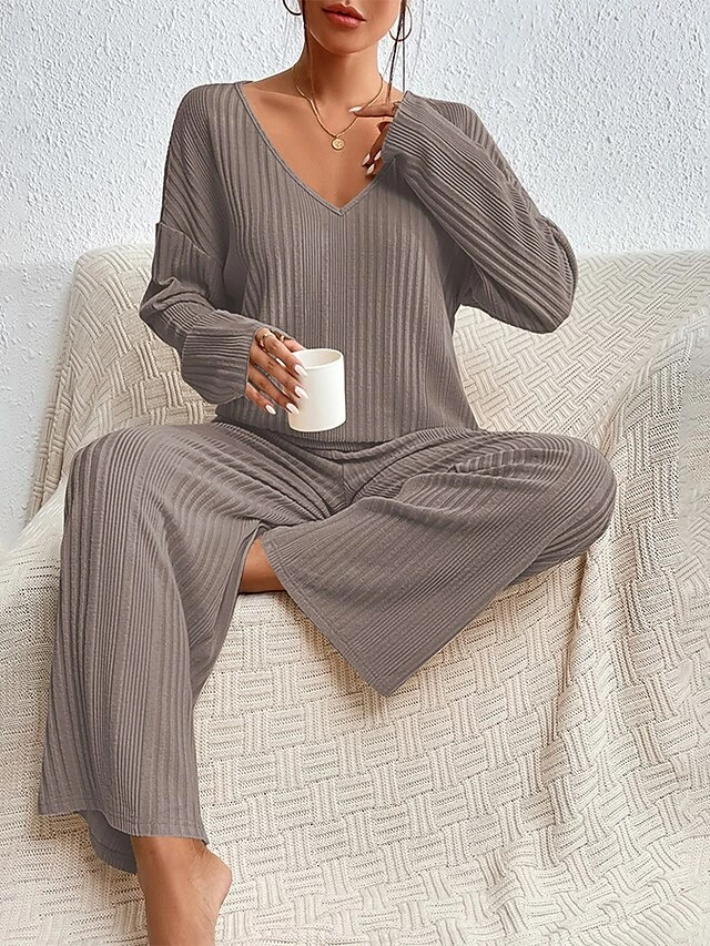 Women's Shirt Pants Sets Dark Grey Black Pink Solid Color Long Sleeve Casual Daily Daily V Neck Regular Fit Spring &Fall 17 Women's Shirt Pants Sets Dark Grey Black Pink Solid Color Long Sleeve Casual Daily Daily V Neck Regular Fit Spring &Fall - Image 15