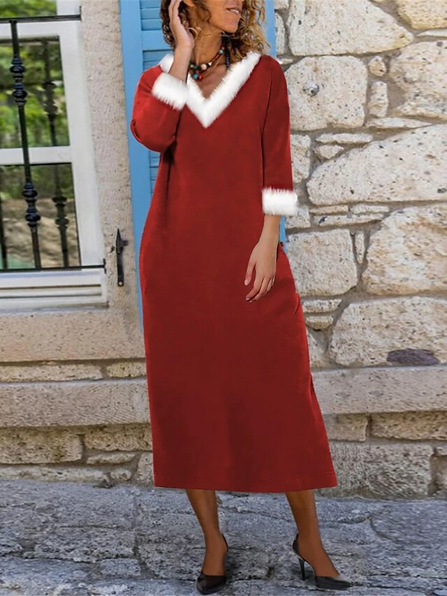 Women's Christmas Dress Casual Dress Winter Dress Midi Dress Patchwork Outdoor Christmas Daily Fashion Streetwear V Neck Long Sleeve 2023 Regular Fit Wine Color S M L XL XXL Size 5 Women's Christmas Dress Casual Dress Winter Dress Midi Dress Patchwork Outdoor Christmas Daily Fashion Streetwear V Neck Long Sleeve 2023 Regular Fit Wine Color S M L XL XXL Size - Image 3