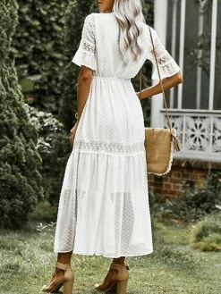 Women's Long Dress Maxi Dress Party Dress Casual Dress Sundress Pure Color Basic Casual Outdoor Daily Vacation Lace Patchwork Half Sleeve V Neck Dress Loose Fit White Summer Spring S M L XL XXL -LIGHTINTHEBOX Shop yvyadb1678356606834