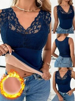 Women's Tank Top Fleece Black Royal Blue Camel Plain Lace Sleeveless Casual V Neck Regular Fit Fleece Lined