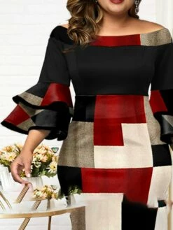 Women‘s Plus Size Curve Party Dress Plaid Off Shoulder Print 3/4 Length Sleeve Spring Fall Elegant Mature Midi Dress Formal Work Dress -LIGHTINTHEBOX Shop yxbmre1649309836059