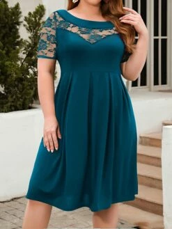 Women's Plus Size Curve Party Dress Lace Dress Semi Formal Dress Solid Color Midi Dress Short Sleeve Lace Crew Neck Fashion Party ArmyGreen Black Fall Winter XL XXL 3XL 4XL -LIGHTINTHEBOX Shop yxgqvv1695813619223