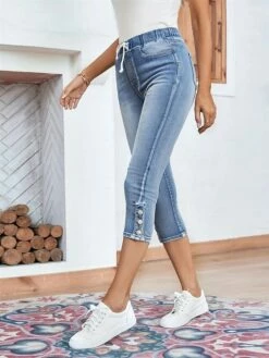 Women's Pants Trousers Leggings Calf-Length Denim Pocket Micro-elastic High Waist Fashion Streetwear Street Daily Blue S M Summer Fall -LIGHTINTHEBOX Shop yxrfss1689665326787