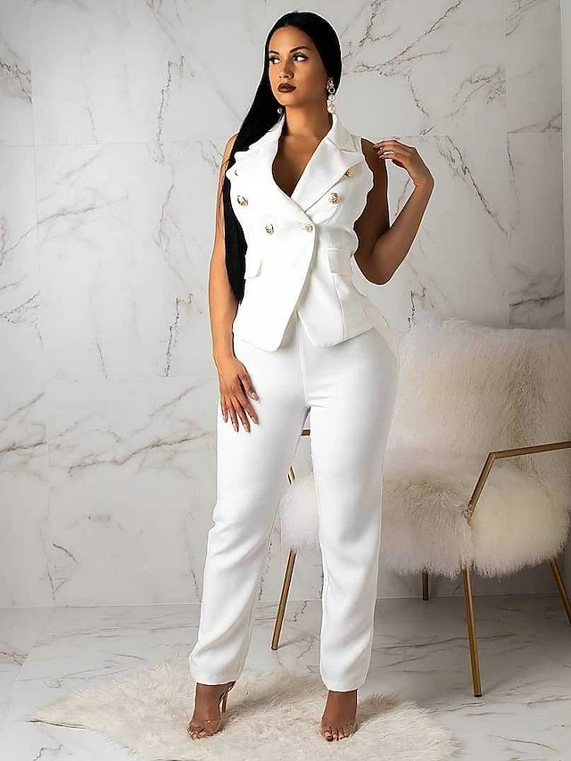 Women's Blazer Vest Office Suit Pants Sets White Solid Color Sleeveless Office Work Business Basic Shirt Collar Regular Fit Fall & Winter 3 Women's Blazer Vest Office Suit Pants Sets White Solid Color Sleeveless Office Work Business Basic Shirt Collar Regular Fit Fall & Winter