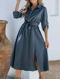 Women's Shirt Dress Casual Dress Midi Dress Outdoor Daily Date Polyester Basic Classic Shirt Collar Lace Up Button Long Sleeve Spring Fall Winter 2023 Loose Fit Navy Blue Pure Color S M L XL -LIGHTINTHEBOX Shop yzxqob1692180018659