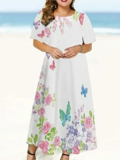 Women‘s Plus Size Curve Casual Dress Floral Long Dress Maxi Dress Short Sleeve Print Crew Neck Fashion Outdoor White Red Summer Spring L XL XXL 3XL 4XL