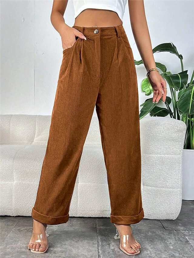 Women‘s Chinos Corduroy Pants Trousers Straight Full Length Micro-elastic High Waist Fashion Streetwear Street Daily Dark Brown S M Fall Winter 6 Women‘s Chinos Corduroy Pants Trousers Straight Full Length Micro-elastic High Waist Fashion Streetwear Street Daily Dark Brown S M Fall Winter - Image 4