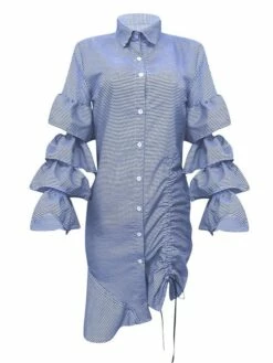 Women's Shirt Dress Sheath Dress Midi Dress Winter Dress Daily Vacation Polyester Cotton Blend Fashion Casual Shirt Collar Lace Up Ruched Long Sleeve Summer Spring Fall 2022 Regular Fit Red Light Blue -LIGHTINTHEBOX Shop zbzstg1634352967566