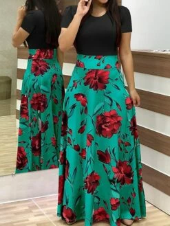 Women's Shift Dress Maxi Long Dress White Black Red Blushing Pink Green Short Sleeve Floral Patchwork Print Fall Winter Round Neck Hot Chinoiserie Batwing Sleeve Cotton 2021 S M L XL XXL -LIGHTINTHEBOX Shop zcmetd1599205787649