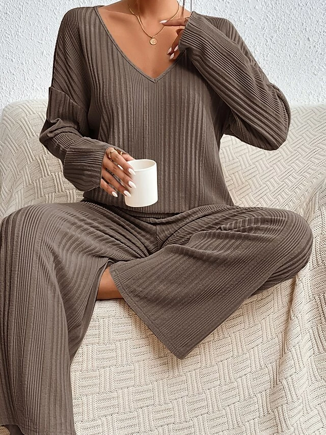 Women's Shirt Pants Sets Dark Grey Black Pink Solid Color Long Sleeve Casual Daily Daily V Neck Regular Fit Spring &Fall 7 Women's Shirt Pants Sets Dark Grey Black Pink Solid Color Long Sleeve Casual Daily Daily V Neck Regular Fit Spring &Fall - Image 5