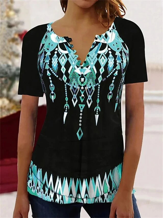 Women's T Shirt Tee Black Blue Green Floral Print Short Sleeve Casual Daily Vintage Tunic V Neck Loose Fit Floral 4 Women's T Shirt Tee Black Blue Green Floral Print Short Sleeve Casual Daily Vintage Tunic V Neck Loose Fit Floral - Image 2