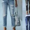 Women‘s Low Rise Jeans Skinny Pants Trousers Full Length Denim Ripped Micro-elastic Mid Waist Fashion Streetwear Street Daily Black Dark Navy S M Fall Winter