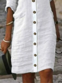 Women's Shirt Dress Casual Dress Cotton Linen Dress Midi Dress Cotton Blend Fashion Basic Outdoor Daily Shirt Collar Button Half Sleeve Summer Spring Fall 2023 Regular Fit Black White Green Plain S M -LIGHTINTHEBOX Shop zejjyu1681376450746