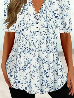 Women's Shirt Blouse White Brown Floral Button Print 3/4 Length Sleeve Casual Weekend Tunic Basic Round Neck Regular Fit Floral -LIGHTINTHEBOX Shop zenapz1677663740032