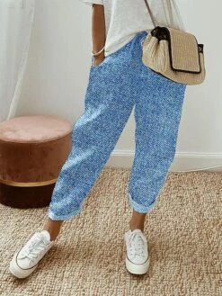 Women's Baggy Cropped Pants Full Length Faux Linen Pocket Baggy Stylish Casual Daily Causal Blue Dark Blue S M All Seasons