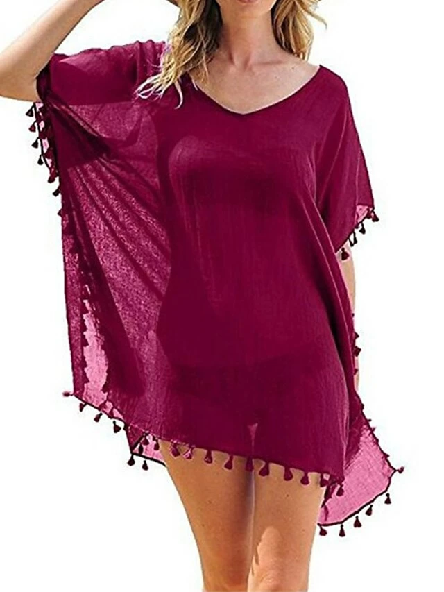 Women's Swimwear Cover Up Beach Dress Normal Swimsuit Tassel Pure Color Green White Gray Rosy Pink Wine V Wire Bathing Suits New Vacation Fashion /y / Modern 10 Women's Swimwear Cover Up Beach Dress Normal Swimsuit Tassel Pure Color Green White Gray Rosy Pink Wine V Wire Bathing Suits New Vacation Fashion /y / Modern - Image 8