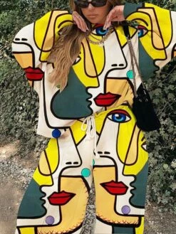 Women's Sweatshirt Pants Sets White Yellow Beige Printing Long Sleeve Daily Vacation Active Streetwear Crew Neck Loose Fit Fall & Winter -LIGHTINTHEBOX Shop zfljpw1634379338538