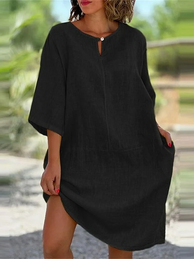 Women's Casual Dress Cotton Linen Dress Midi Dress Linen / Cotton Blend Daily Casual Daily Outdoor Vacation Weekend Crew Neck Button Pocket 3/4 Length Sleeve Summer Spring Fall 2023 Loose Fit Black 6 Women's Casual Dress Cotton Linen Dress Midi Dress Linen / Cotton Blend Daily Casual Daily Outdoor Vacation Weekend Crew Neck Button Pocket 3/4 Length Sleeve Summer Spring Fall 2023 Loose Fit Black - Image 4
