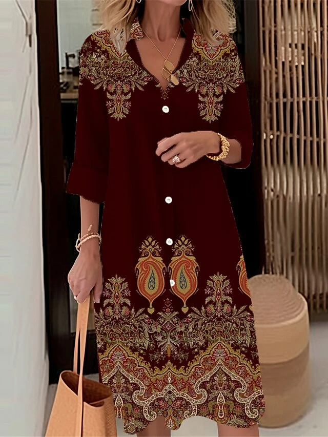 Women's Shirt Dress Casual Dress Midi Dress Outdoor Daily Date Polyester Fashion Modern Shirt Collar Button Pocket Long Sleeve Fall Winter 2023 Loose Fit Black Wine Red Floral S M L XL 2XL 4 Women's Shirt Dress Casual Dress Midi Dress Outdoor Daily Date Polyester Fashion Modern Shirt Collar Button Pocket Long Sleeve Fall Winter 2023 Loose Fit Black Wine Red Floral S M L XL 2XL - Image 2