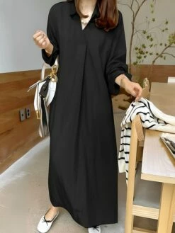 Women's Casual Dress Cotton Linen Dress Shift Dress Maxi Long Dress Cotton Fashion Traditional / Vintage Outdoor Daily Vacation V Neck Ruched Long Sleeve Fall Winter Autumn 2023 Loose Fit Black Red -LIGHTINTHEBOX Shop zhnbxx1693367994353