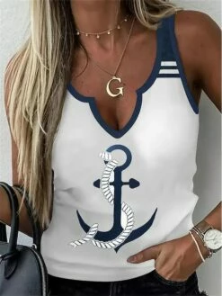 Women's Tank Top Going Out Tops Concert Tops White Graphic Anchor Print Sleeveless Casual Weekend Basic V Neck Regular Fit
