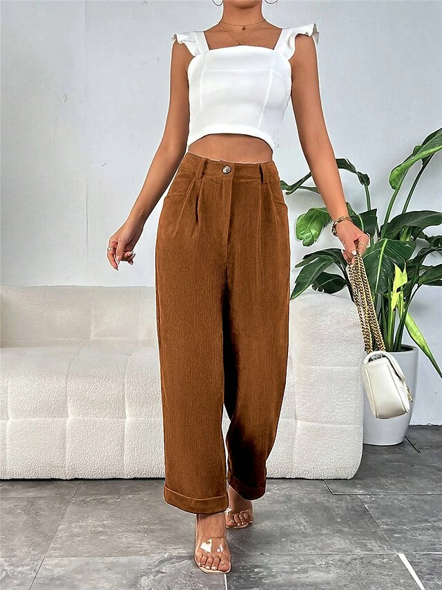 Women‘s Chinos Corduroy Pants Trousers Straight Full Length Micro-elastic High Waist Fashion Streetwear Street Daily Dark Brown S M Fall Winter 5 Women‘s Chinos Corduroy Pants Trousers Straight Full Length Micro-elastic High Waist Fashion Streetwear Street Daily Dark Brown S M Fall Winter - Image 3