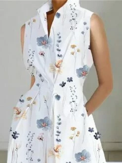 Women's Shirt Dress Casual Dress Midi Dress Outdoor Office Daily Cotton Fashion Modern Split Neck Button Pocket Sleeveless Summer Spring 2023 Loose Fit White Blue Leaf Polka Dot S M L XL XXL -LIGHTINTHEBOX Shop zimjbg1688542282897