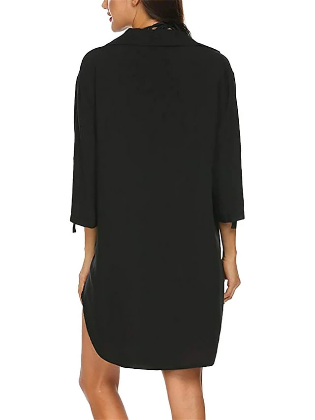 Women's Shirt Dress Cover Up Beach Wear Mini Dress Pocket Split Basic Casual Plain Turndown 3/4 Length Sleeve Loose Fit Outdoor Daily Black 2023 Summer Spring S M L XL 6 Women's Shirt Dress Cover Up Beach Wear Mini Dress Pocket Split Basic Casual Plain Turndown 3/4 Length Sleeve Loose Fit Outdoor Daily Black 2023 Summer Spring S M L XL - Image 4