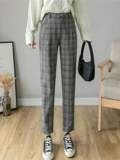 Women's Dress Pants Cropped Pants Ankle-Length Cotton Print Micro-elastic High Waist Fashion Streetwear Formal Work Grey Coffee S M Fall Winter