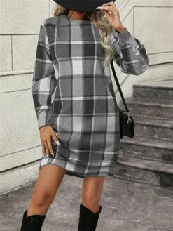 Women's Casual Dress Sweatshirt Dress Mini Dress Warm Fashion Outdoor Vacation Going Out Crew Neck Print Geometric Loose Fit Blue Brown Gray S M L XL XXL