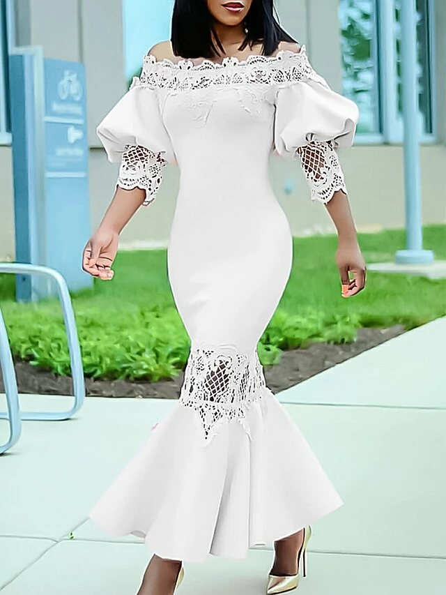 Women's Prom Dress Party Dress Work Dress Long Dress Maxi Dress Black White Pink 3/4 Length Sleeve Pure Color Lace Spring Fall Winter Off Shoulder Fashion Winter Dress Wedding Guest Evening Party 2023 4 Women's Prom Dress Party Dress Work Dress Long Dress Maxi Dress Black White Pink 3/4 Length Sleeve Pure Color Lace Spring Fall Winter Off Shoulder Fashion Winter Dress Wedding Guest Evening Party 2023 - Image 2