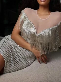 Women's Party Dress Fringe Dress Homecoming Dress Mini Dress Silver Short Sleeve Pure Color Tassel Fringe Spring Fall Winter Crew Neck Fashion Wedding Guest Birthday Vacation Slim 2023 S M L XL -LIGHTINTHEBOX Shop zklelg1693983148336