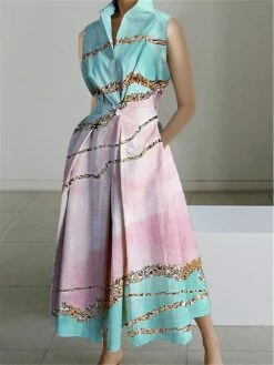 Women's Shirt Dress Casual Dress Swing Dress Maxi Long Dress Outdoor Office Daily Polyester Fashion Modern Shirt Collar Button Pocket Sleeveless Summer Spring 2023 Loose Fit Pink Dark Pink Blue Color