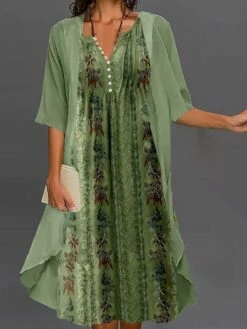 Women's Two Piece Dress Set Casual Dress Tank Dress Outdoor Daily Fashion Streetwear Button Print Midi Dress V Neck Sleeveless Floral Regular Fit Green Summer Spring S M L XL XXL