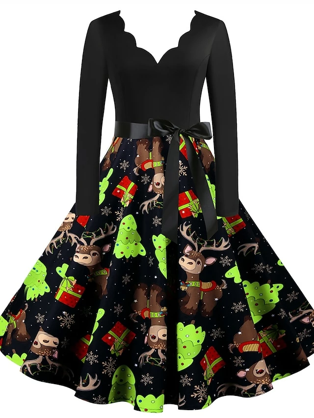 Women's Christmas Retro 1950s Vintage Dress Midi Dress Party Ruched Bow Fruit V Neck Long Sleeve Regular Fit Fall Winter 2023 Deep Green Black S M L XL 22 Women's Christmas Retro 1950s Vintage Dress Midi Dress Party Ruched Bow Fruit V Neck Long Sleeve Regular Fit Fall Winter 2023 Deep Green Black S M L XL - Image 20