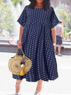 Women‘s Plus Size Curve Holiday Dress Polka Dot Crew Neck Short Sleeve Spring Summer Basic Casual Maxi Long Dress Daily Vacation Dress