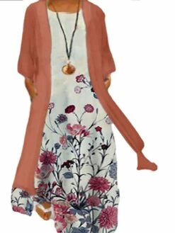 Women‘s Plus Size Curve Two Piece Dress Floral Crew Neck Print Long Sleeve Winter Fall Casual Maxi Long Dress Casual Daily Dress -LIGHTINTHEBOX Shop zmjluh1653978257967